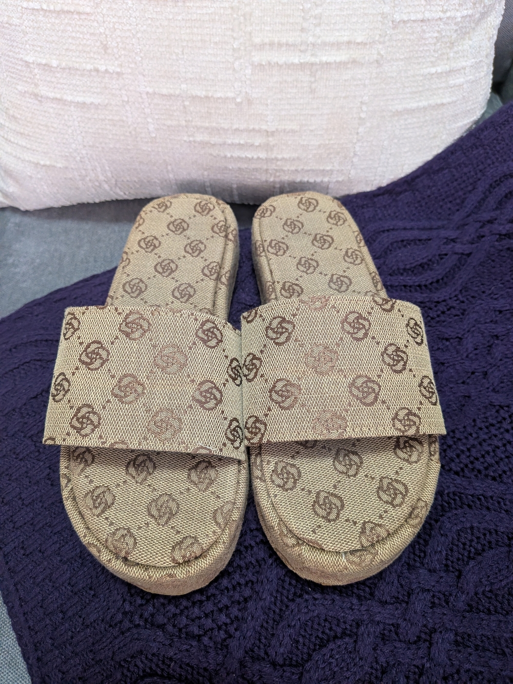 Neutral Monogram Slide Sandals - Women's Beige Brown